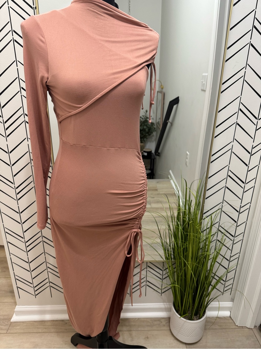 Dusty Rose One Shoulder Draped Cutout Ruched Midi Dress